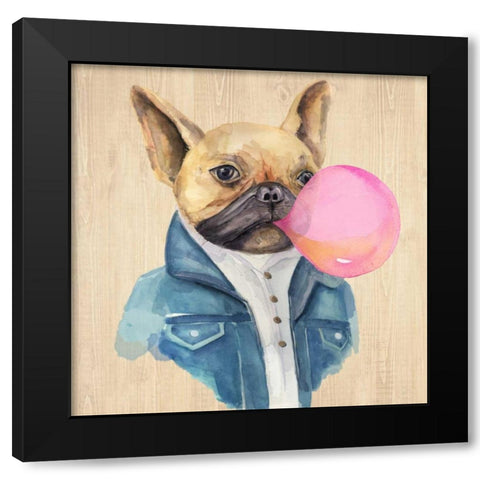 A Blowing Bubble French Bulldog Black Modern Wood Framed Art Print by Jing, Jin