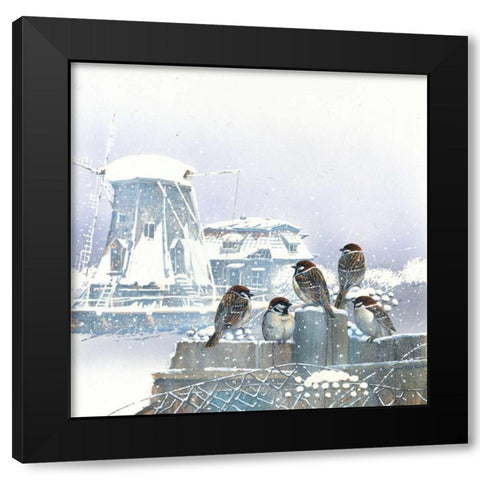 Birdies and windmill Black Modern Wood Framed Art Print by Weenink, Jan