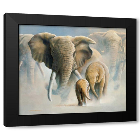 Running elephants II Black Modern Wood Framed Art Print by Weenink, Jan