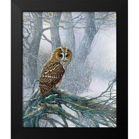 Owl in snowy forest Black Modern Wood Framed Art Print by Weenink, Jan