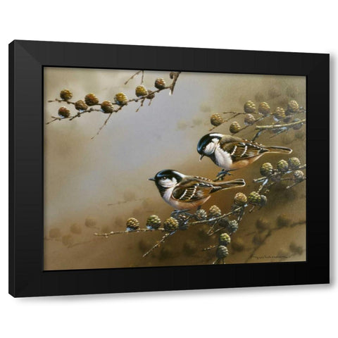 Two birds on branch Black Modern Wood Framed Art Print by Weenink, Jan