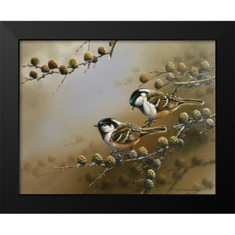 Two birds on branch Black Modern Wood Framed Art Print by Weenink, Jan