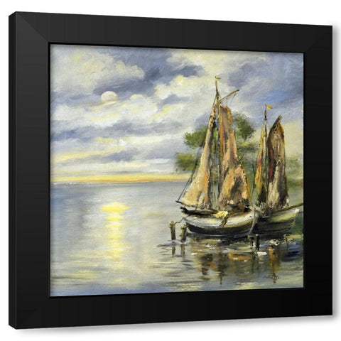 Boats lie at anchor Black Modern Wood Framed Art Print by Schottler, Katharina