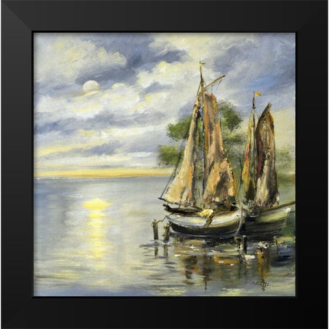 Boats lie at anchor Black Modern Wood Framed Art Print by Schottler, Katharina
