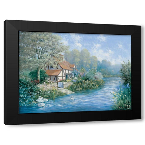 Lakescape Black Modern Wood Framed Art Print with Double Matting by Motz, Peter