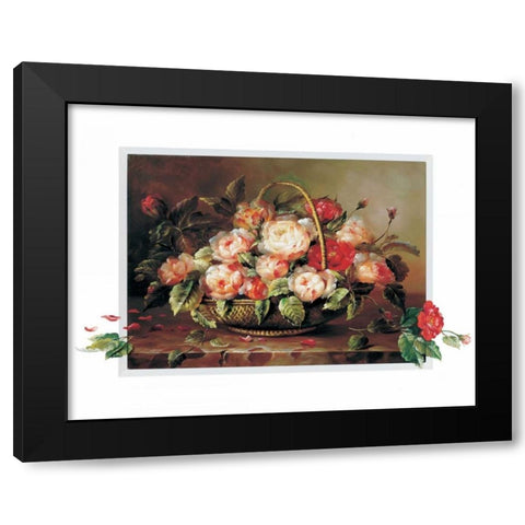 Basket with roses Black Modern Wood Framed Art Print by Roelofs, Wouter