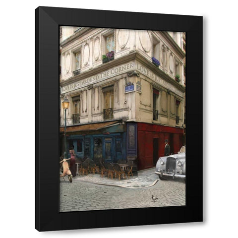 LOVE IS JUST AROUND THE CORNER Black Modern Wood Framed Art Print by Yang, Eric