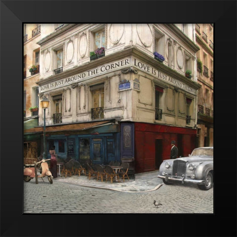 LOVE IS JUST AROUND THE CORNER Black Modern Wood Framed Art Print by Yang, Eric