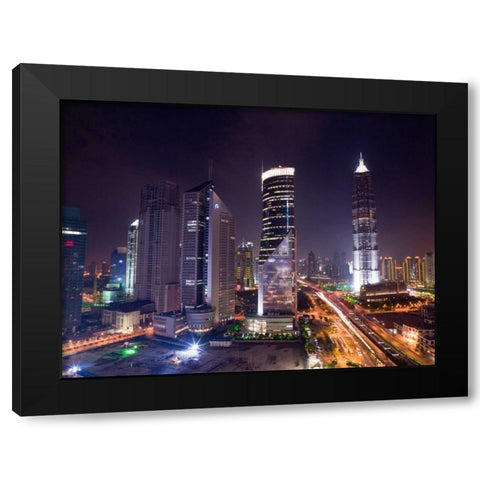 elevated view of skyscrapers at night, Shanghai Black Modern Wood Framed Art Print by Frank, Assaf