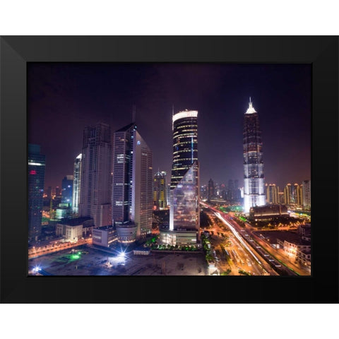 elevated view of skyscrapers at night, Shanghai Black Modern Wood Framed Art Print by Frank, Assaf