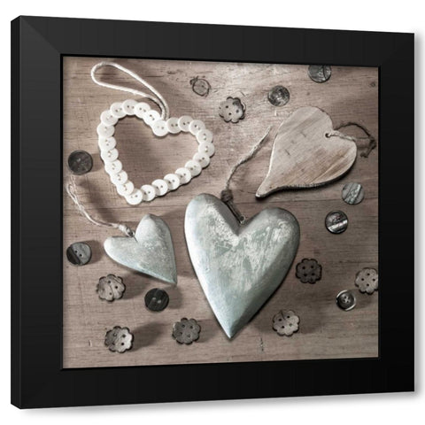 Assorted wooden hearts and buttons Black Modern Wood Framed Art Print by Frank, Assaf