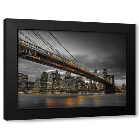 Brooklyn Bridge and lower Manhattan skyline at dusk, New York Black Modern Wood Framed Art Print with Double Matting by Frank, Assaf