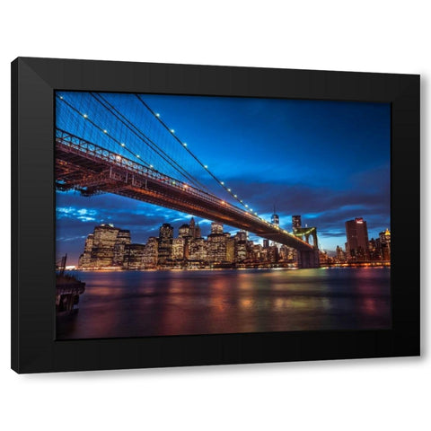 Brooklyn Bridge and lower Manhattan skyline at dusk, New York Black Modern Wood Framed Art Print with Double Matting by Frank, Assaf
