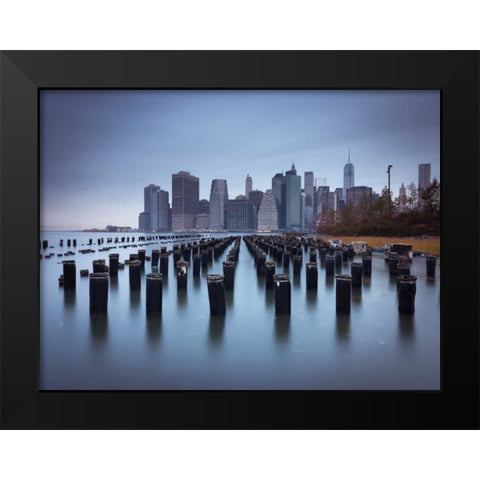Lower Manhattan Skyline with pier pilings in east river, New York, USA Black Modern Wood Framed Art Print by Frank, Assaf