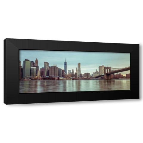 Lower Manhattan skyline with Brooklyn Bridge, New York Black Modern Wood Framed Art Print with Double Matting by Frank, Assaf