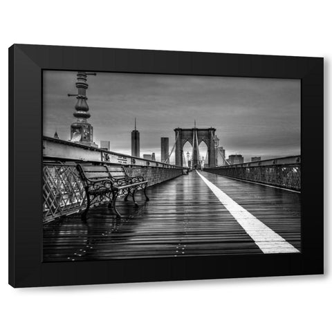 Empty bench on the pedestrian walkway of the Brooklyn Bridge, New York Black Modern Wood Framed Art Print with Double Matting by Frank, Assaf