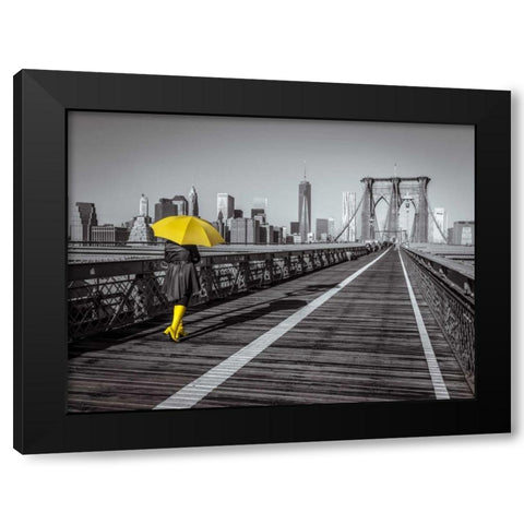 Female tourist with umbrella taking a walk on pedestrian walkway on Brooklyn bridge, New York Black Modern Wood Framed Art Print with Double Matting by Frank, Assaf