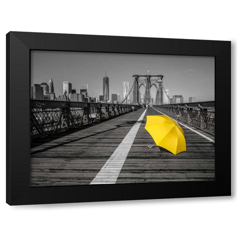 Yellow umbrella on pedestrian walkway on Brooklyn bridge, New York Black Modern Wood Framed Art Print with Double Matting by Frank, Assaf