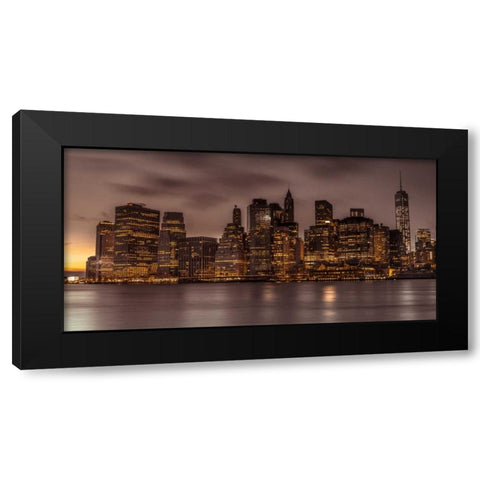Evening shot of Lower Manhattan skyline, New York Black Modern Wood Framed Art Print with Double Matting by Frank, Assaf