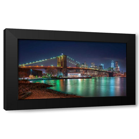 Evening shot of Brooklyn Bridge and Lower Manhattan skyline, New York Black Modern Wood Framed Art Print with Double Matting by Frank, Assaf