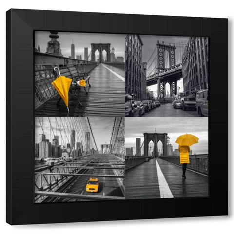 Collage of famous places in New York city Black Modern Wood Framed Art Print with Double Matting by Frank, Assaf