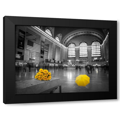 Bunch of yellow roses and umbrella in Grand Central Terminal, New York Black Modern Wood Framed Art Print with Double Matting by Frank, Assaf