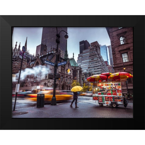 Tourist with umbrella on streets of Lower Manhattan, New York Black Modern Wood Framed Art Print by Frank, Assaf
