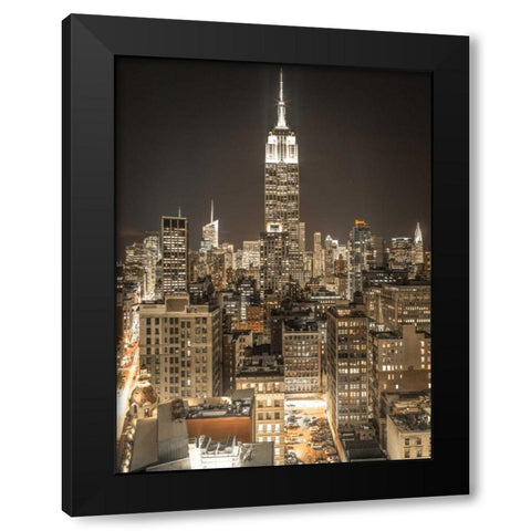 Illuminated Manhattan skyline at twilight - New York City Black Modern Wood Framed Art Print with Double Matting by Frank, Assaf