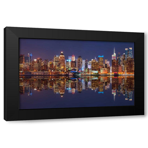 Illuminated Manhattan skyline at twilight - New York City Black Modern Wood Framed Art Print with Double Matting by Frank, Assaf
