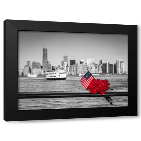 USA flag with bunch of roses on railing with Lower manhattan skyline in background, New York Black Modern Wood Framed Art Print with Double Matting by Frank, Assaf