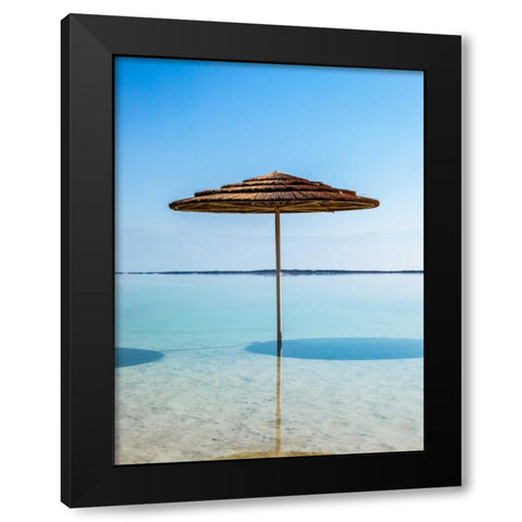 Bathing canopy on the beach on the Dead Sea, Israel Black Modern Wood Framed Art Print by Frank, Assaf