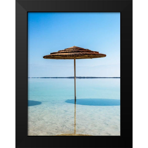 Bathing canopy on the beach on the Dead Sea, Israel Black Modern Wood Framed Art Print by Frank, Assaf