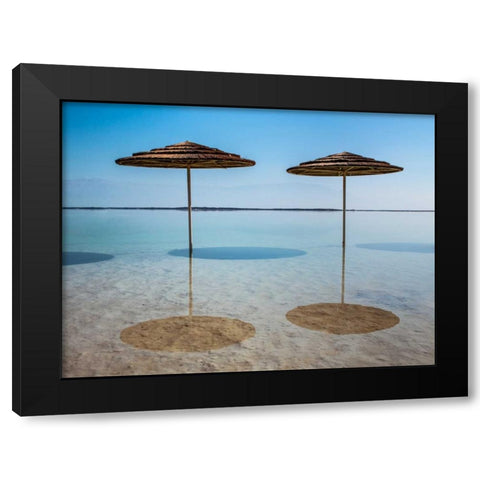 Bathing canopy on the beach on the Dead Sea, Israel Black Modern Wood Framed Art Print by Frank, Assaf