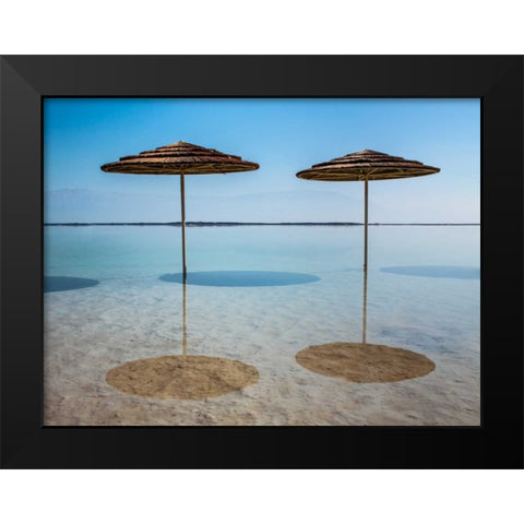 Bathing canopy on the beach on the Dead Sea, Israel Black Modern Wood Framed Art Print by Frank, Assaf