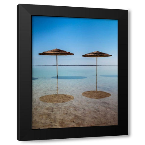 Bathing canopy on the beach on the Dead Sea, Israel Black Modern Wood Framed Art Print by Frank, Assaf