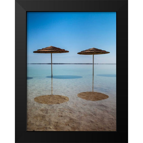 Bathing canopy on the beach on the Dead Sea, Israel Black Modern Wood Framed Art Print by Frank, Assaf