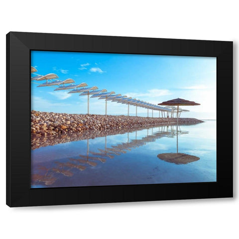 Parasol and jetty on Dead sea, Israel Black Modern Wood Framed Art Print with Double Matting by Frank, Assaf