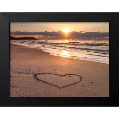 Heart shape drawn on sand at the beach Black Modern Wood Framed Art Print by Frank, Assaf