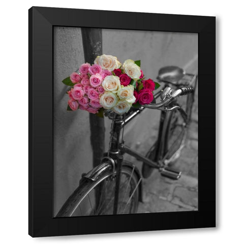Bunch of Roses on bicycle, Paris, France Black Modern Wood Framed Art Print by Frank, Assaf