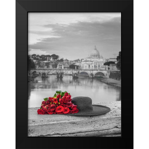 Hat and bunch of roses on bridge with Basilica di San Pietro in Vatican, Rome, Italy Black Modern Wood Framed Art Print by Frank, Assaf