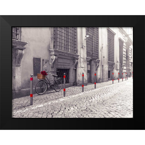 Bunch of roses on bicycle on old city street of Rome Black Modern Wood Framed Art Print by Frank, Assaf
