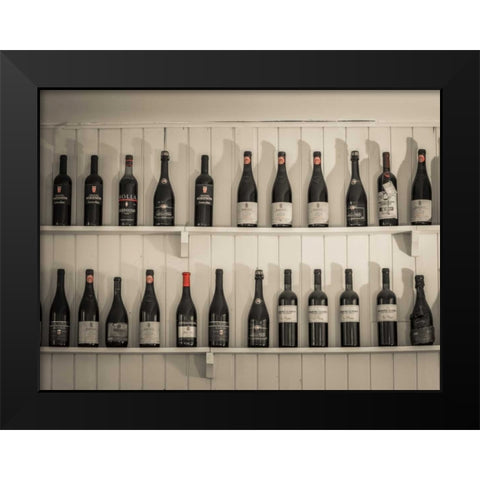 Old wine bottles on wooden shelf Black Modern Wood Framed Art Print by Frank, Assaf