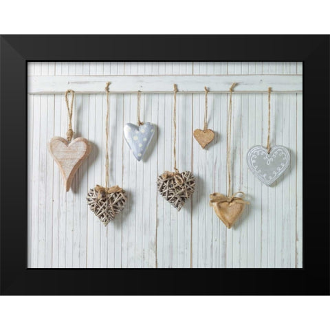 Hearts hanging on wooden background Black Modern Wood Framed Art Print by Frank, Assaf