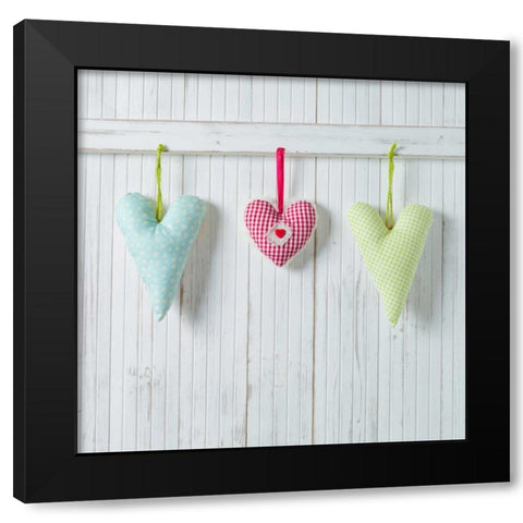 Hearts hanging on wooden background Black Modern Wood Framed Art Print by Frank, Assaf