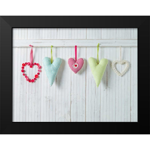 Hearts hanging on wooden background Black Modern Wood Framed Art Print by Frank, Assaf