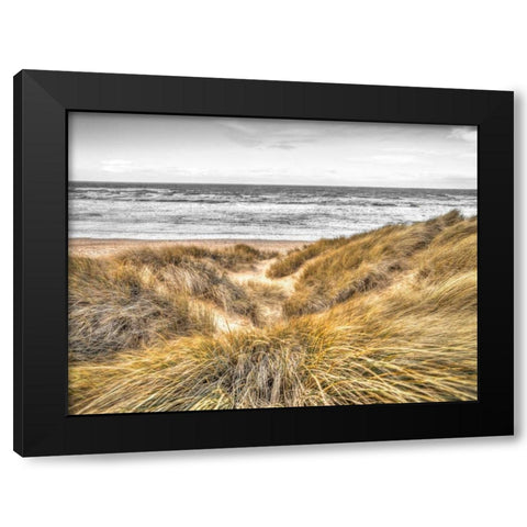 Tranquil beach with grass, Blackpool, UK Black Modern Wood Framed Art Print by Frank, Assaf