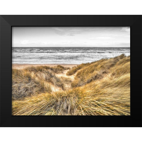 Tranquil beach with grass, Blackpool, UK Black Modern Wood Framed Art Print by Frank, Assaf