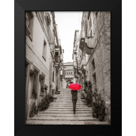 Tourist with umbrella in steps through houses in Birgu, Malta Black Modern Wood Framed Art Print by Frank, Assaf