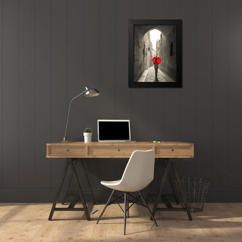Tourist with umbrella walking through narrow street in Mdina, Malta Black Modern Wood Framed Art Print by Frank, Assaf
