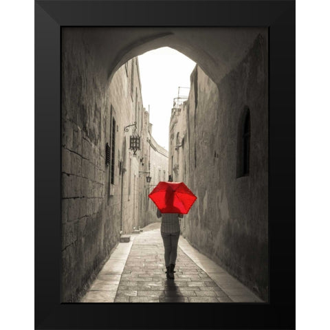 Tourist with umbrella walking through narrow street in Mdina, Malta Black Modern Wood Framed Art Print by Frank, Assaf